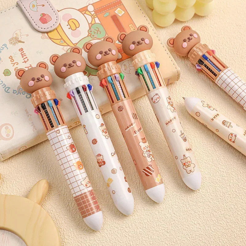 Kawaii Bear Ballpoint Pen Colorful Ink Gel Pens 10 Colors Signature Pens Korean Stationery Kids Gifts School Office Supplies