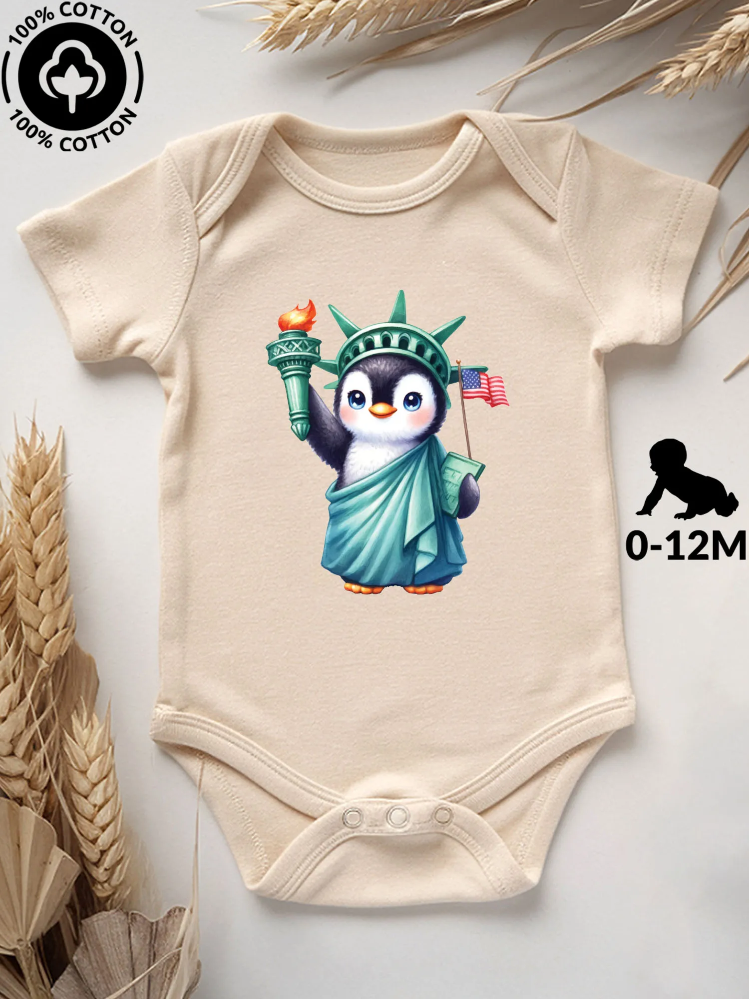 

Детский комбинезон-боди унисекс Penguin Liberty Of Statue, 100% хлопок, мягкий, всесезонный, бежевый, для ползания, 190 г/м²