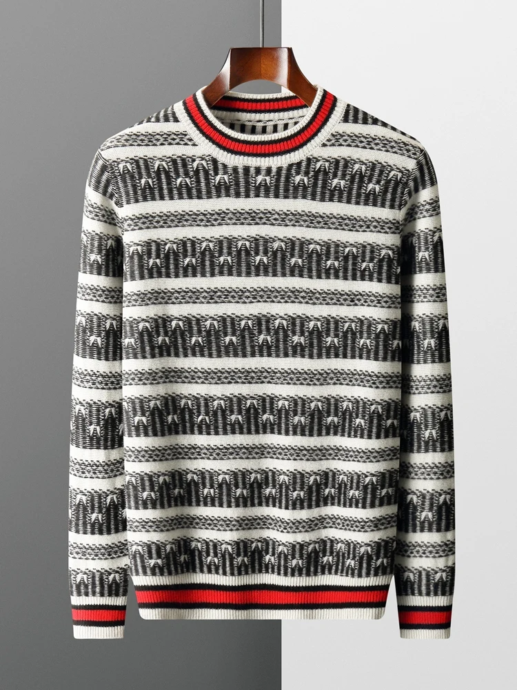 Autumn and Winter New 100% Merino Wool Knitted Cashmere Sweater Men's O-Neck Pullover Jacquard Retro Stripe Contrast Top