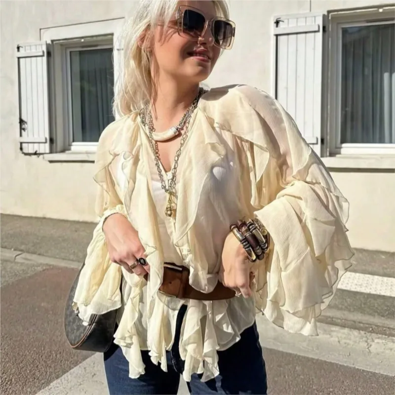 

Autumn Sexy Women's Ruffle Shirt Fashion V-neck Single-breasted Layered Casual Top Beach Style Solid Color Shirt