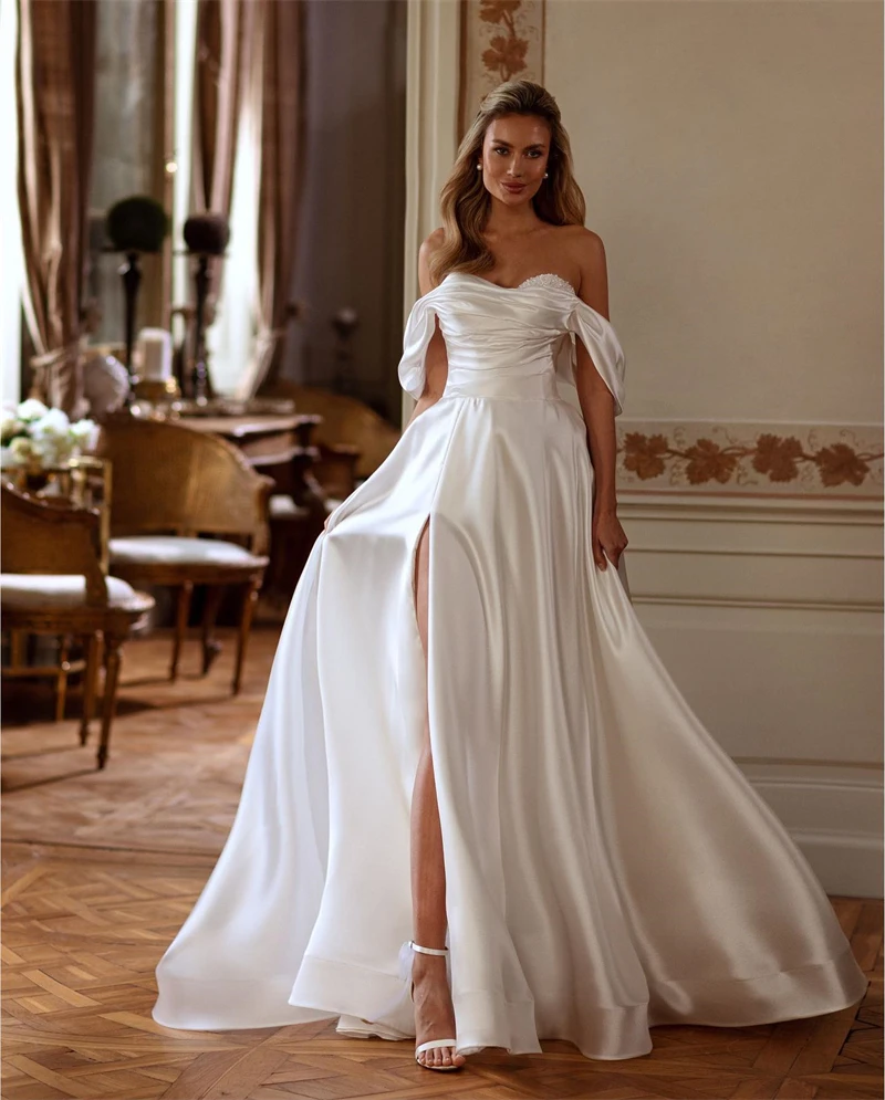 Sexy White Satin Wedding Dresses Off the Shoulder Vestidos De Novia Long Pearls High Side Slit White Dress Women Elegant Party