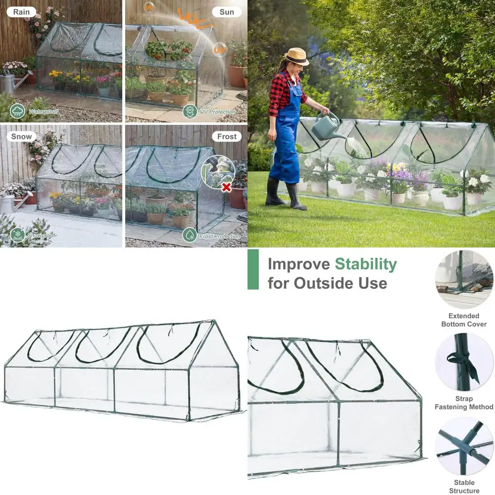 

Мини-теплица 9 футов x 3 фута x 3 фута, 3 двери на молнии, водонепроницаемая и защищенная от УФ-излучения, идеально подходит для выращивания овощей и трав, прозрачная.