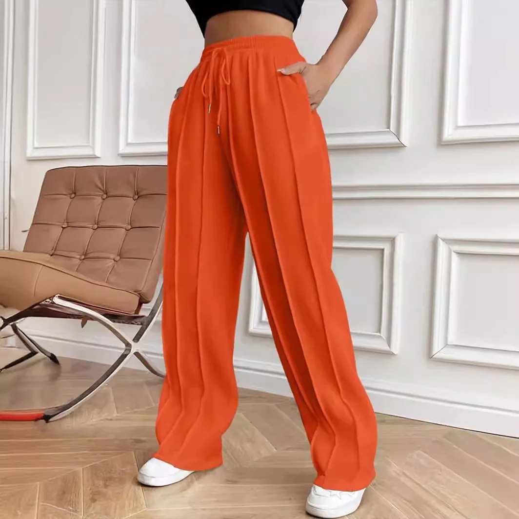 Casual Fashionable Striped Straight Leg Sport Pants Women's Drawstring Waist Trousers High Waist Polyester Fiber Ladies