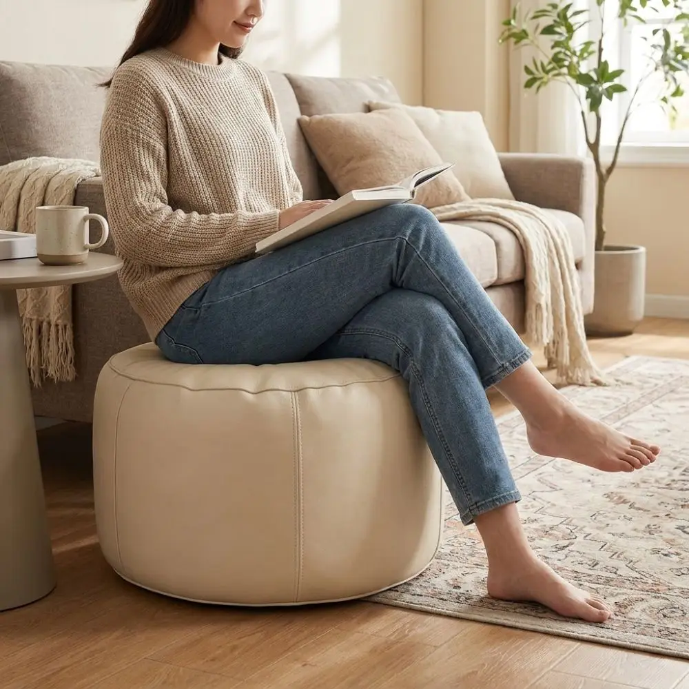 PU Leather Pumpkin Pouf Cover Minimalist Non-Slip Pouf Cover Unstuffed Large Capacity Sofa Stool Cover Old Clothes Storage