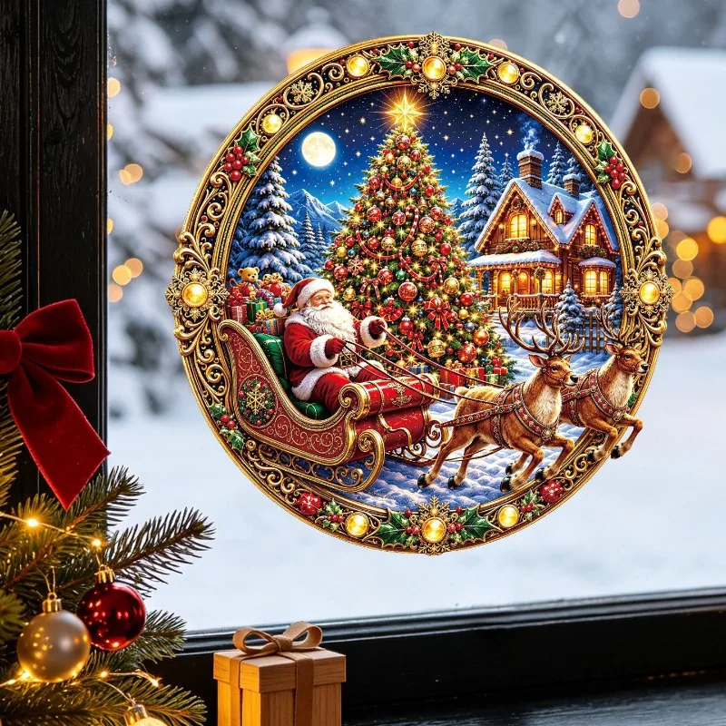 Round Santa Claus Reindeer Sleigh Static Cling Window Sticker Christmas Tree Snow Scene Shop Window Decoration Sticker 10PCS
