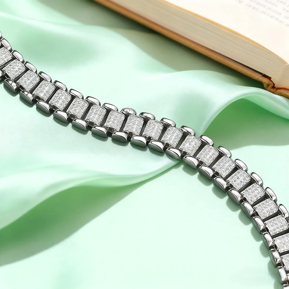 TEMGF Full Zircon/Moissanite Bracelet 8mm Width S925 Sterling Silver Unique Watch Chain for Men Women Cool Trendy Fine Jewelry