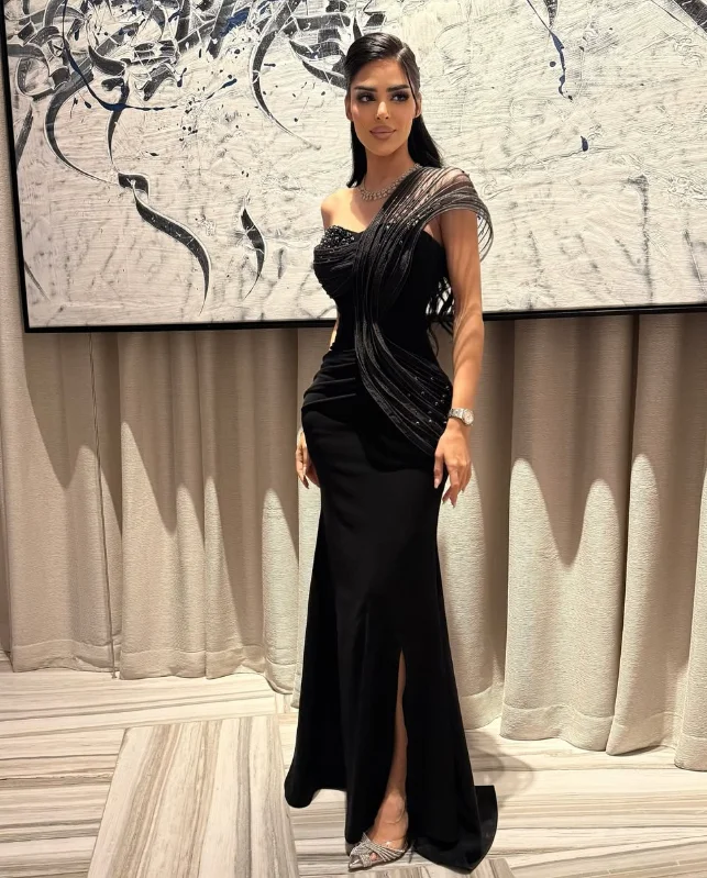 カスタマイズされた高品質ノースリーブワンショルダー足首丈ブラックビーズハイフォーク A ライン恋人イブニング Vestidos デ ガラ