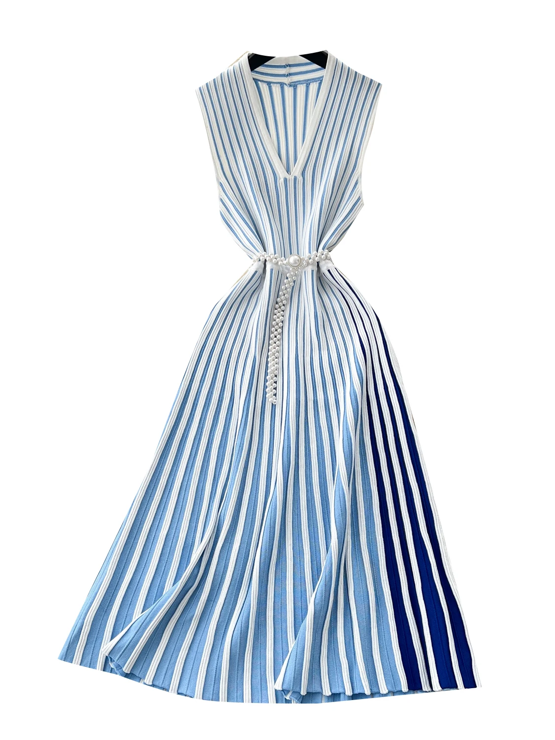 Ele Knitted Stripe Svel Dr Women's Summer Asymmetrical Collar Belted Light Maturi Long Skirt High Waist A-Line