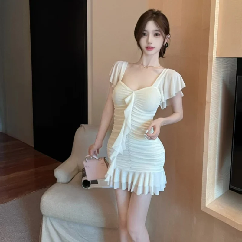 섹시한 메쉬 탄성 허리 장착 로우 컷 프릴 가장자리 반팔 바 작업복 나이트 클럽 파티 드레스 기본 레이어 스커트 