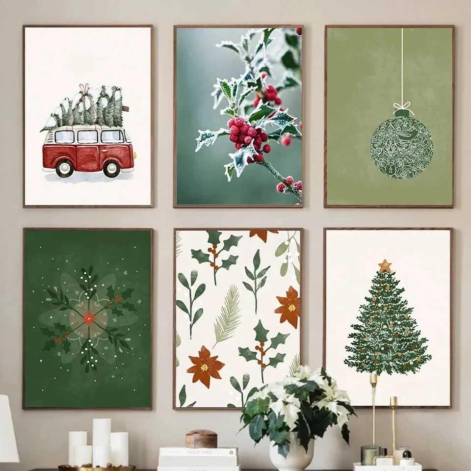 2026 Christmas Tree Ball Decoration Poster Frosted Holly Winter Van Canvas Painting Snowflake Prints Decorative Home  Picture