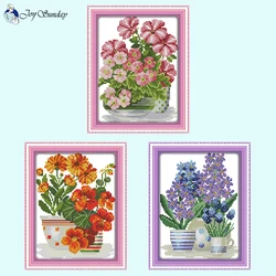 Serie di fiori in vaso Kit punto croce con motivo floreale fai da te 14ct 16ct 11ct Tessuto di tela stampato bianco Ricamo a mano