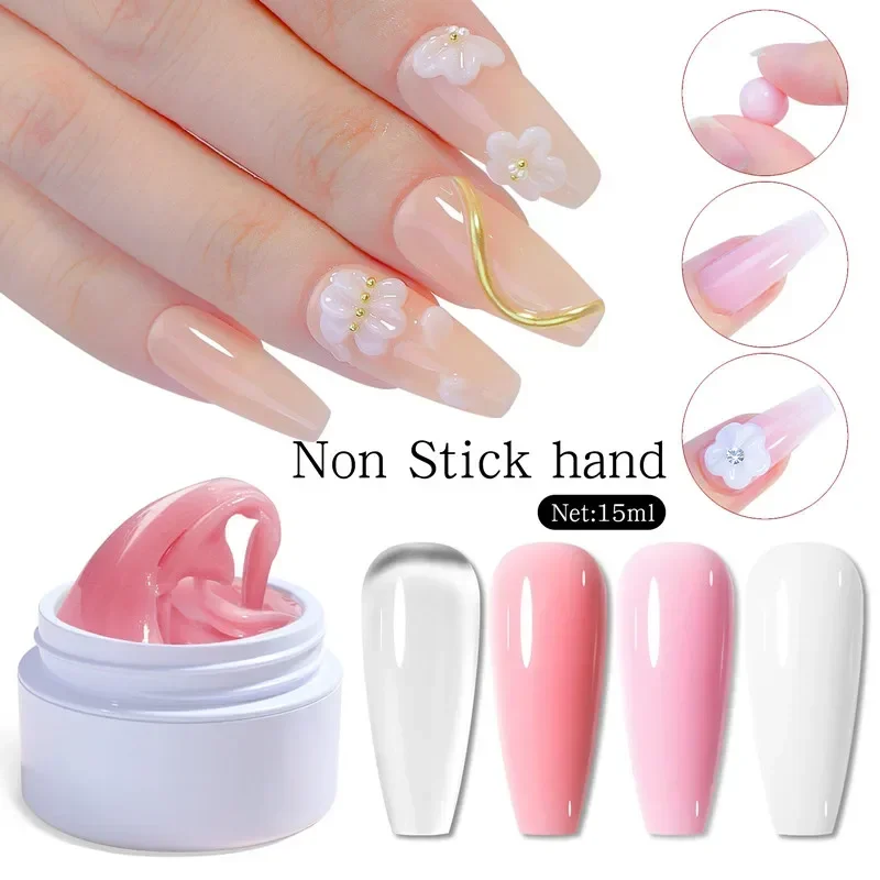 15ML Non Stick Hand Solid Extension Nail Gel Clear Nude Pink Extension Gel Rhinestone Carving Glue Semi Permanent Gel