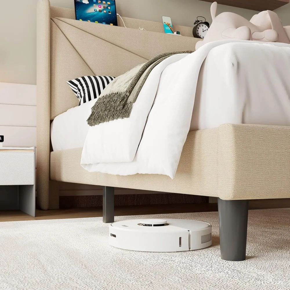 إطار سرير مزدوج الحجم مع محطة شحن، إطار سرير بمنصة كتان مع إطار سرير منجد على اللوح الأمامي بجناح خلفي