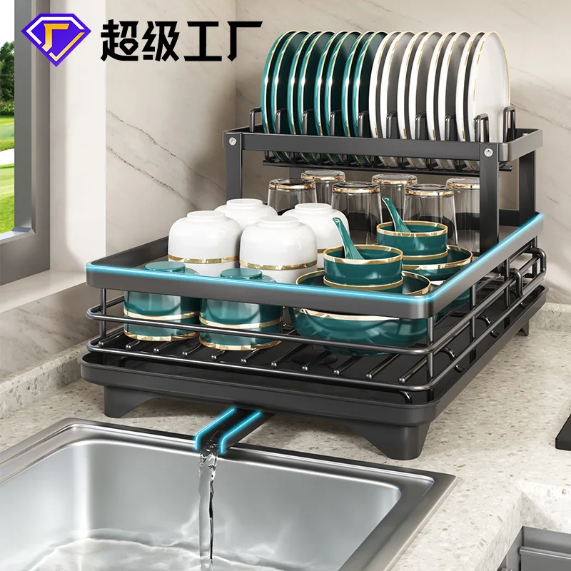 

2 Tier Dish Drying Rack Kitchen Adjustable Stainless Steel Plates Organizer Kitchen Utensils Dish Bowl Drainer Storage Rack