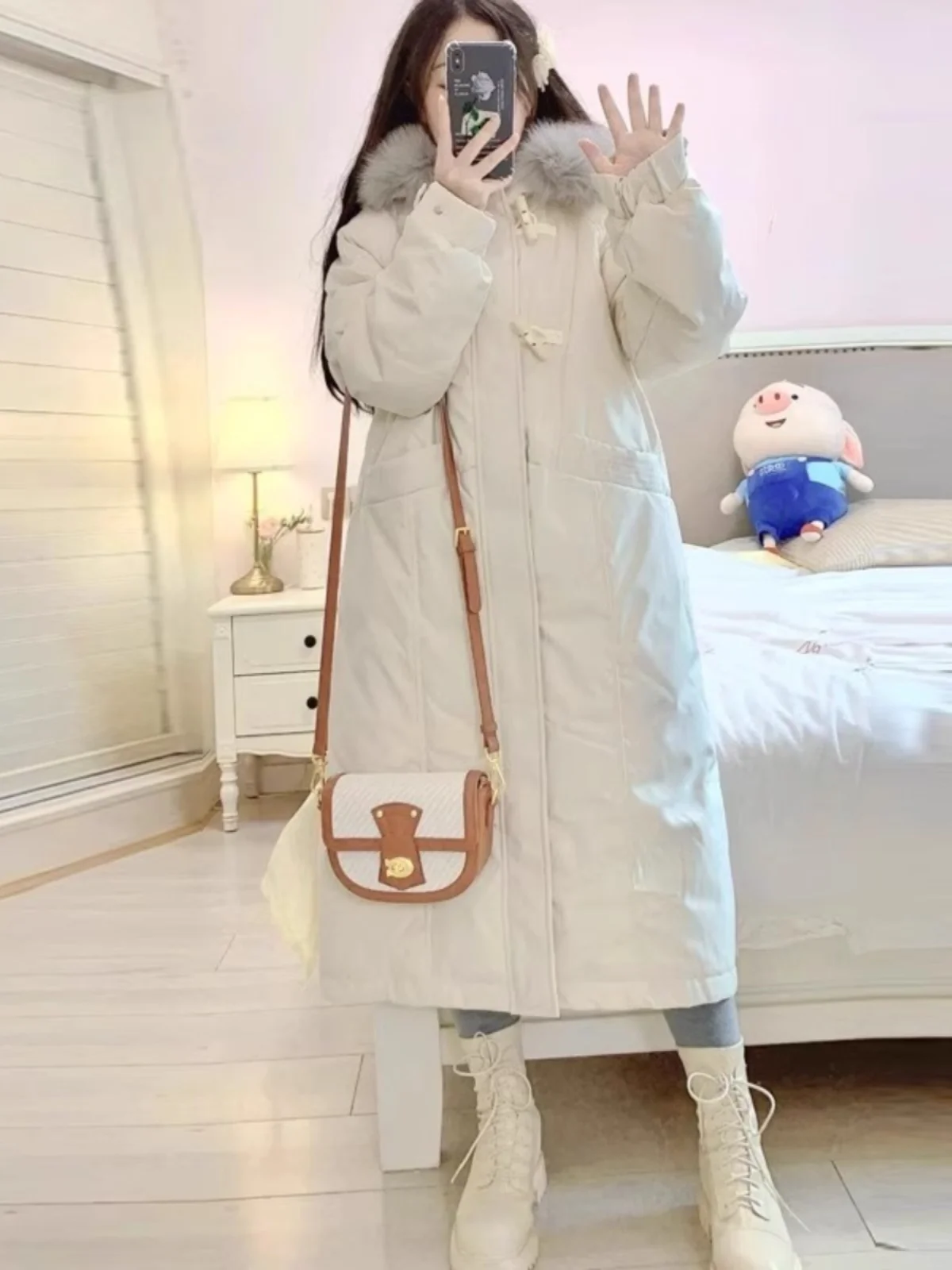 

plus Size Winter Cotton Jacket Women's Thickened Hooded Coat Long Over-Knee Fur Collar Korean Style Commute Pure Color