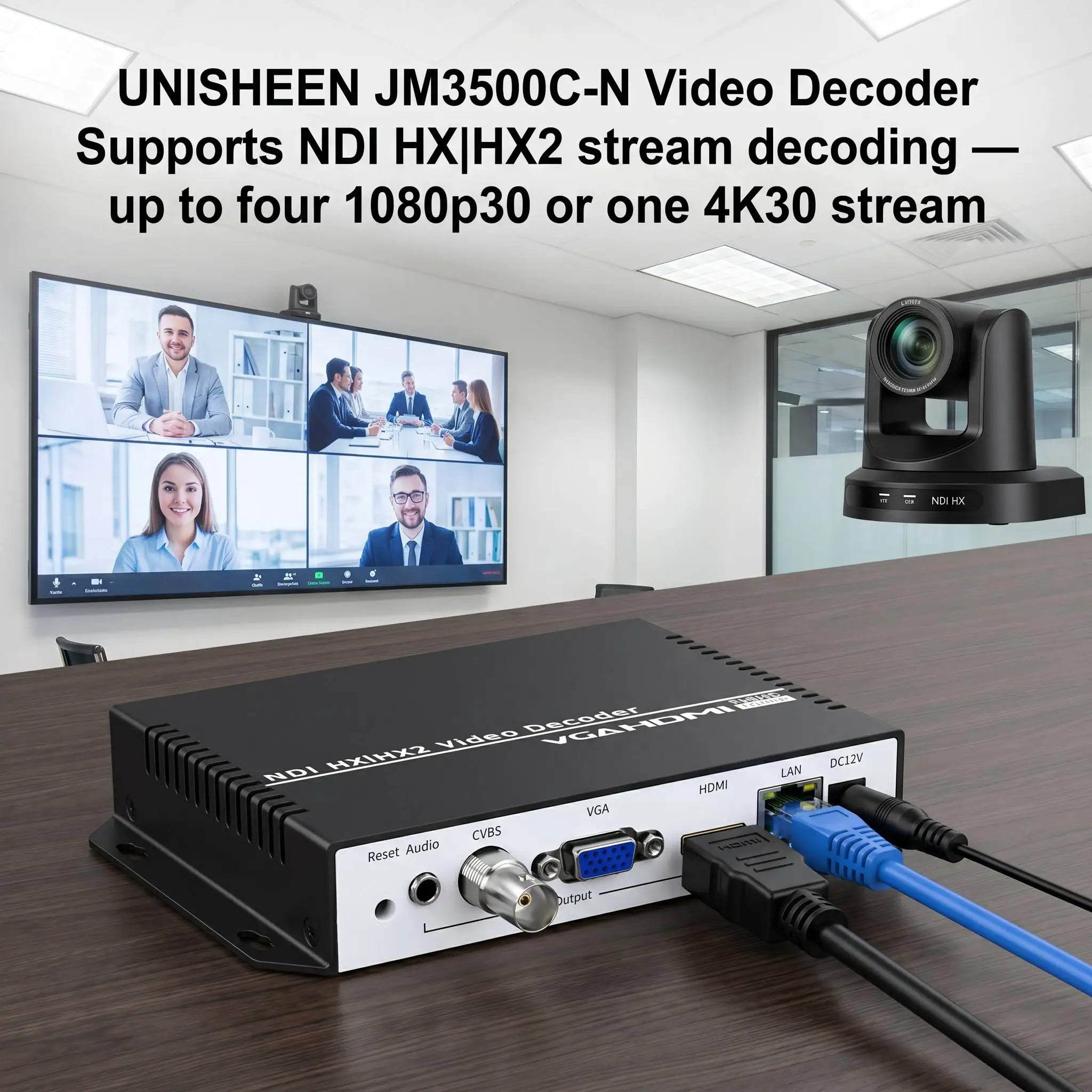 UNISHEEN JM3500C-N 4K UHD RTSP RTMP SRT UDP H.265 H.264 Muti-Viewer  VGA HDMI CVBS Transmitter NDI HX HX2 Video Decoder