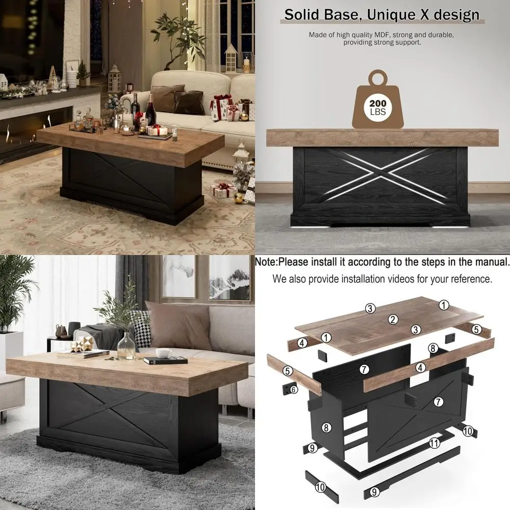 

Rustic X-Design Wooden Pedestal Coffee Table, Space-Saving Rectangle Accent Table for Living Room and Home Office, Dark Oak Blac