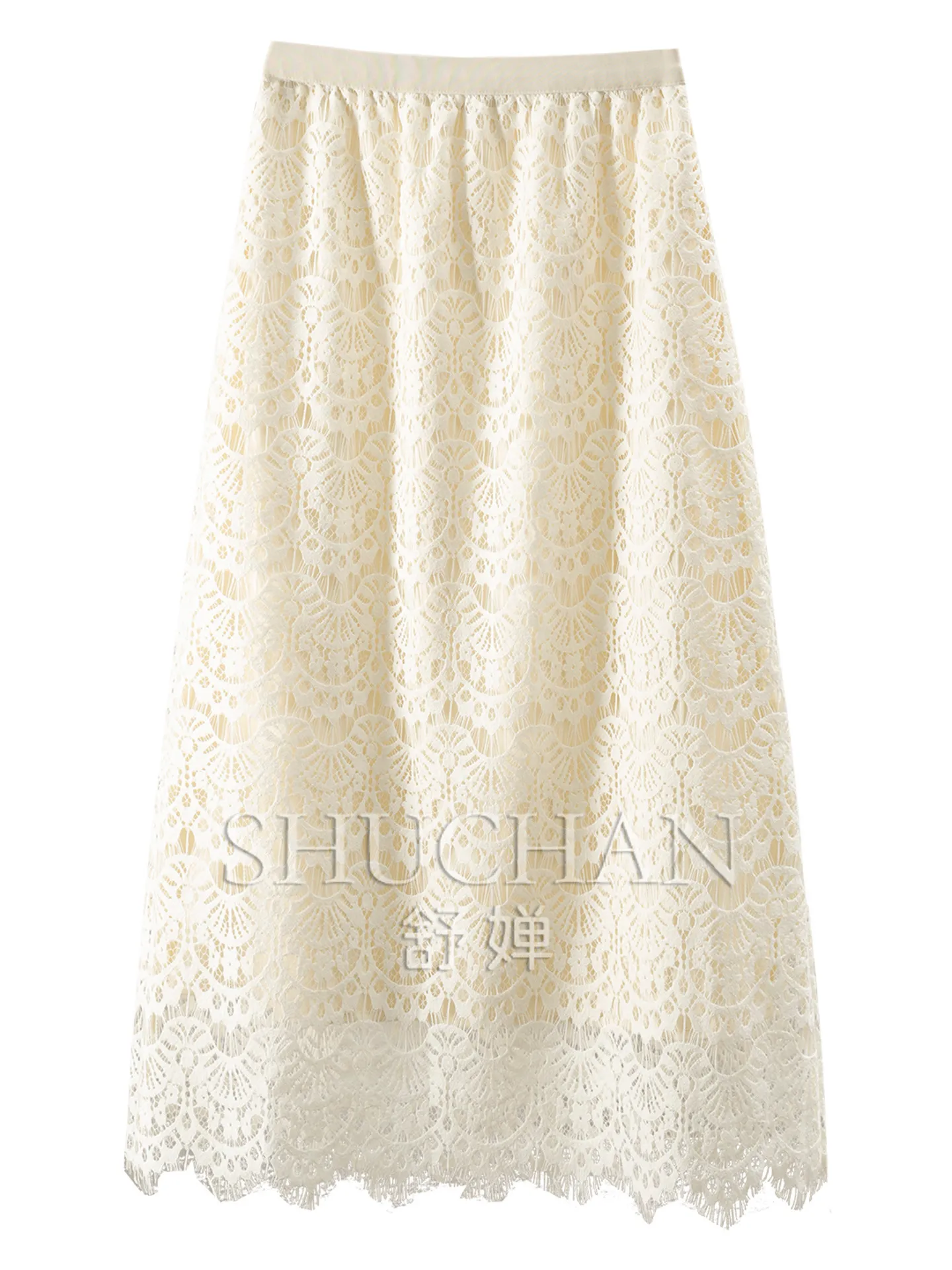 Elegant femininity skirt French flocking hollow lace elastic high waist A-shaped skirt women 78W7
