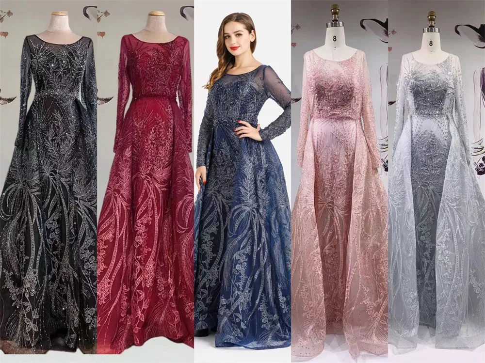 Dubai muçulmano rosa longo sereia com trem vestidos de noite de luxo elegante cristal vestidos de noite para a mulher festa formal vestido