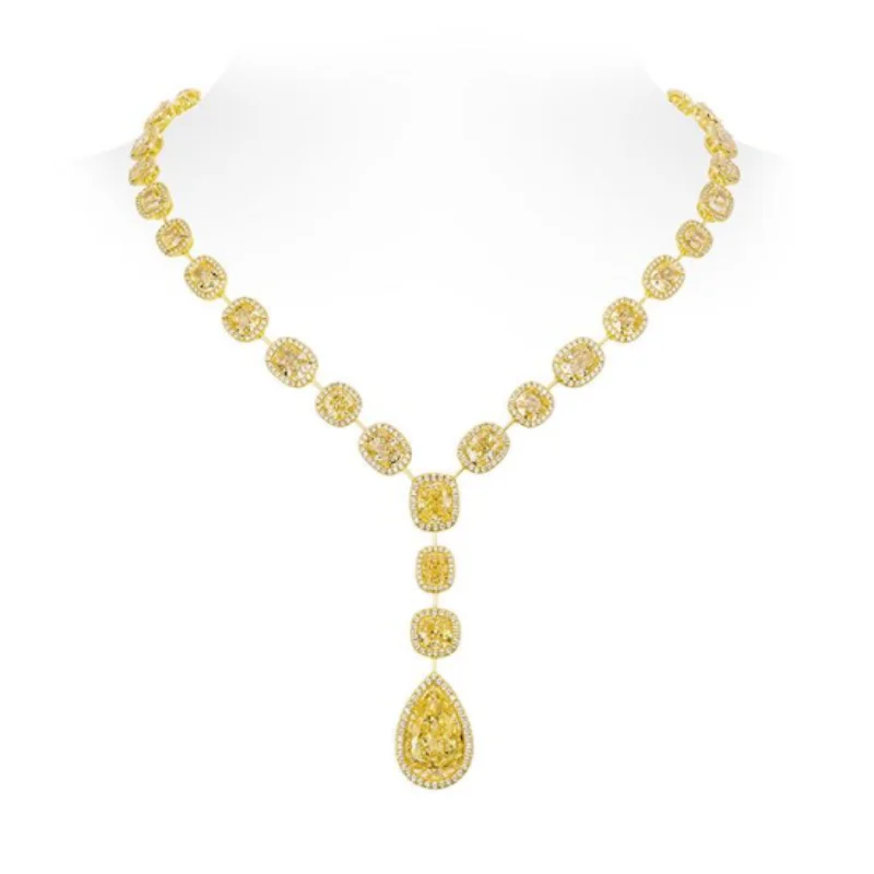 BELLUX Pendant Chain 925 Silver Synthetic Zircon Yellow Water Drop Gemstone Full Diamond Luxury Party Jewelry Necklace