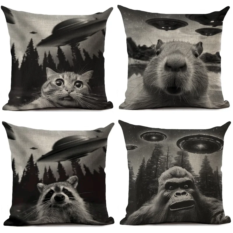 Funny Animals Encounter UFO Cushion Cover A Frightened Cat Capybara Pattern Throw Pillows Home Decoration Square Sofa Pillowcase