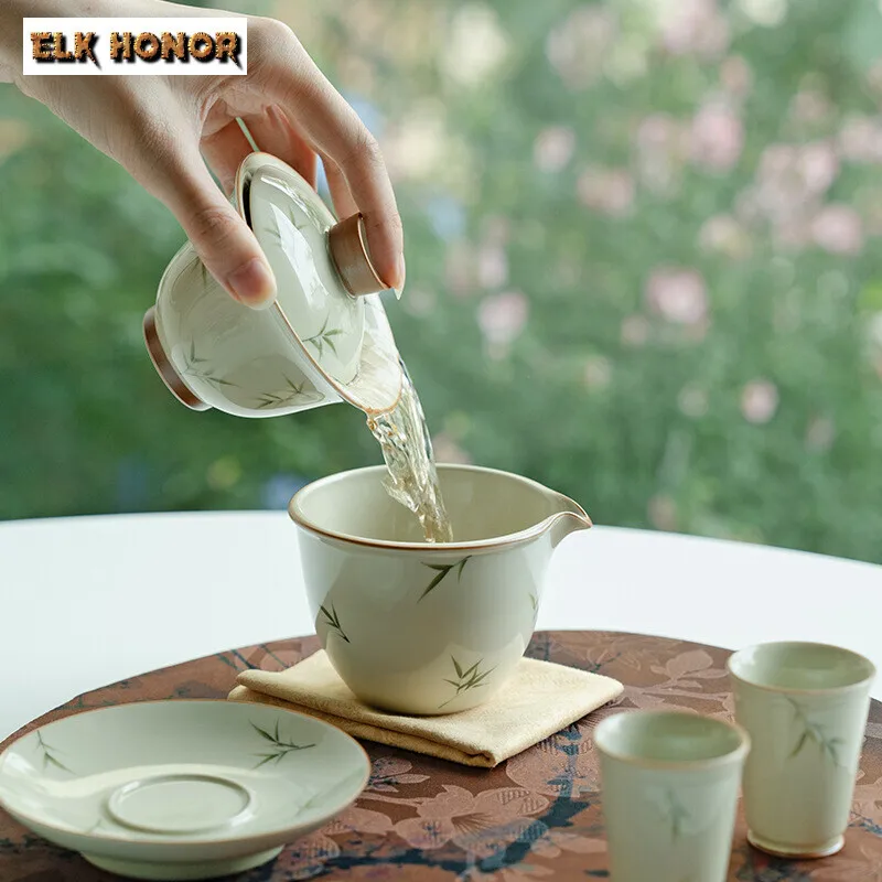 145ml Hand-painted Bamboo Cover Bowl Household Anti Scald Gaiwan Handmade Tea Tureen Tea Making Tea Cup Tea Items Ornaments