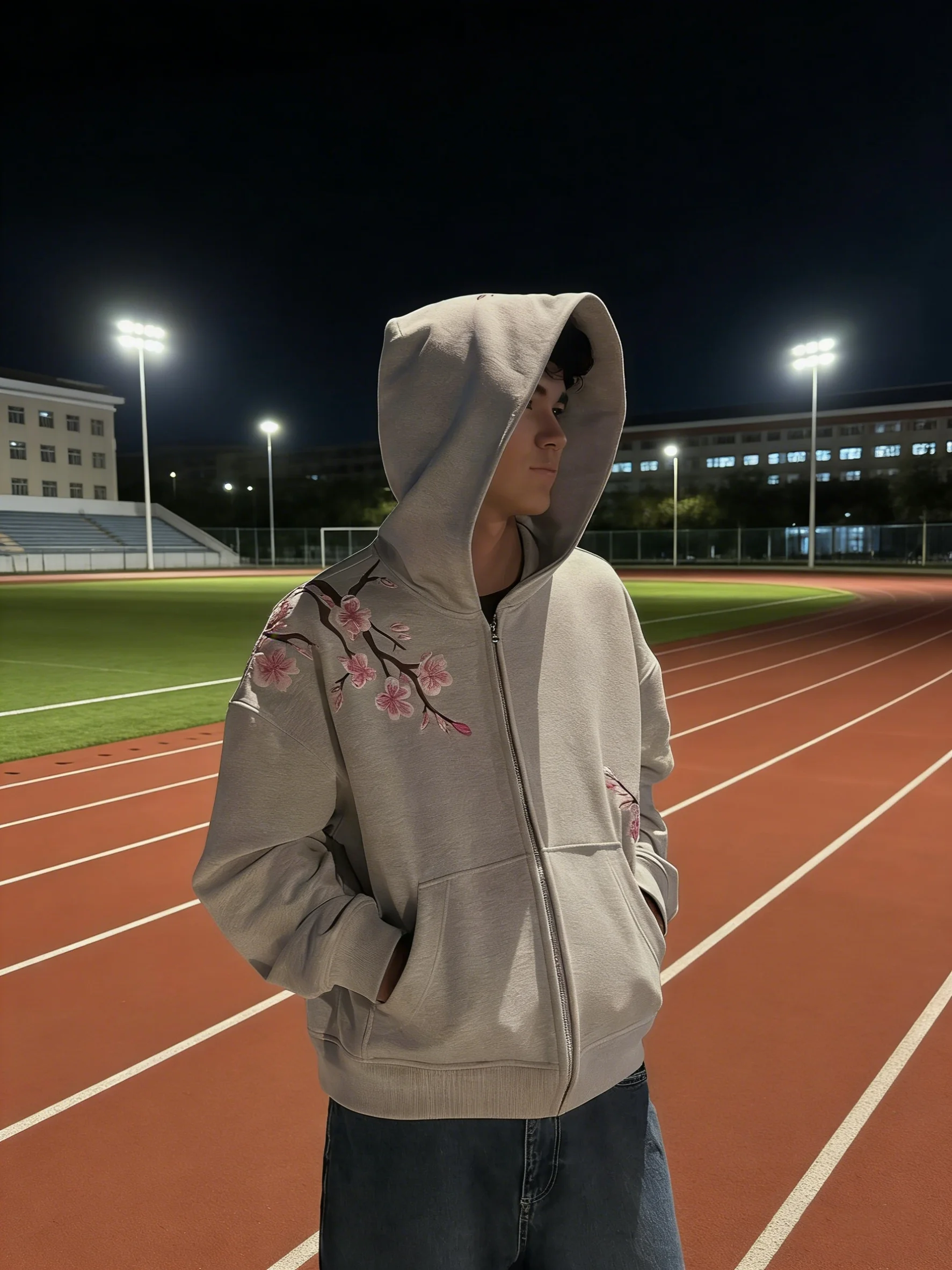 Retro artistic style street trend loose casual cherry blossom embroidery hooded cardigan sweatshirt