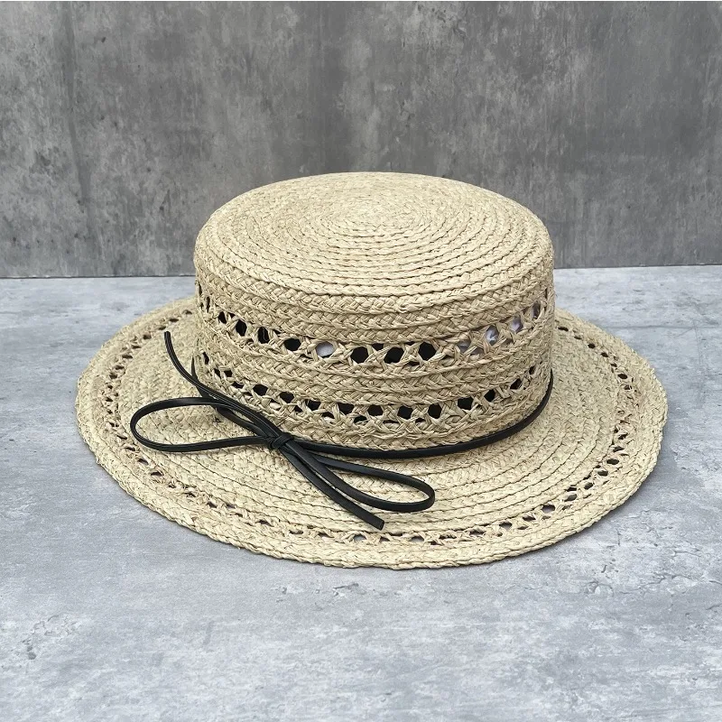 

classic Retro Raffia Straw Hat Women Summer Breathable Flat Top Beach Cap Elegant Handmade Weave Sunshade Hat with Leather Band