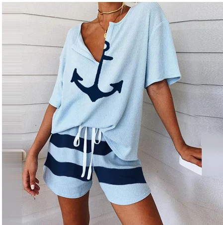 Summer 2Pcs Women Tracksuit Boat Anchor Print Shirt and Shorts Set Spring Elegant V Neck Pullover Ladies Sportswear Suits Pocket