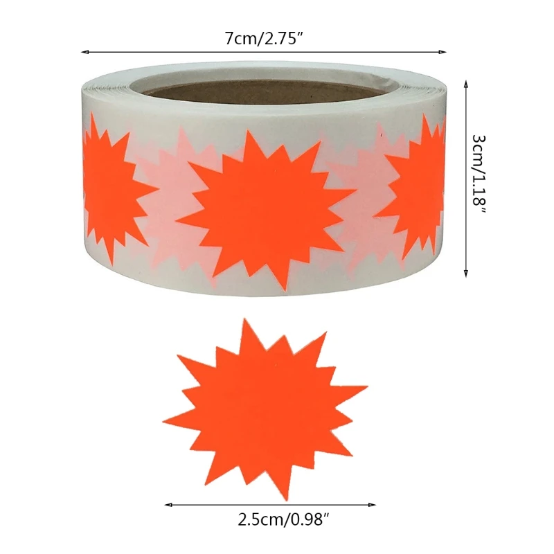 500 Pcs/Roll Bright Colorful Adhesive Stickers Roll Fluorescent Awards Label Stickers Explosion Shape Tag Sticker 1 inch B03E
