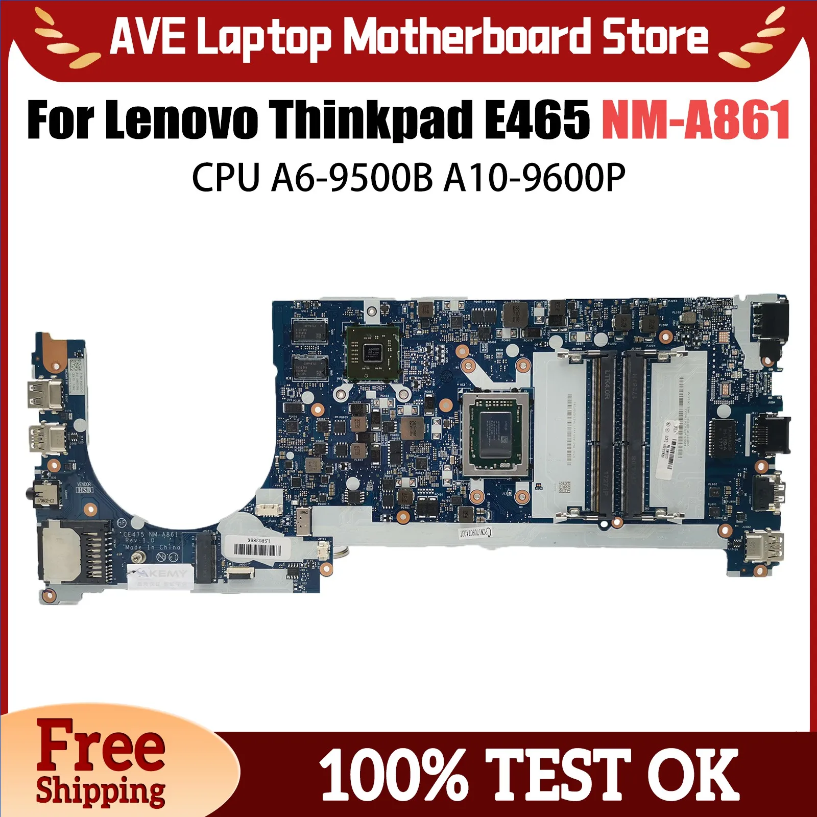 

Notebook Mainboard For Lenovo ThinkPad E475 NM-A861 Laptop Motherboard with CPU A6-9500B A10-9600P UMA 100% Tested OK