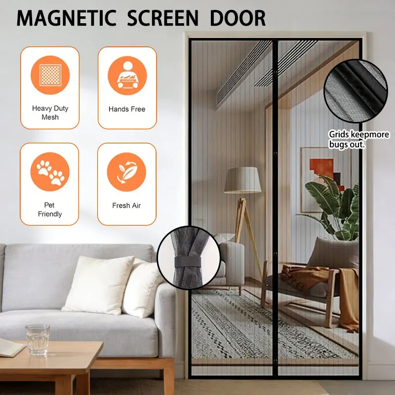 Magnetic Soft Mesh Door Curtain - No Magnetic Strip Threading, Summer Mosquito Proof, Dense Embroidered Screen