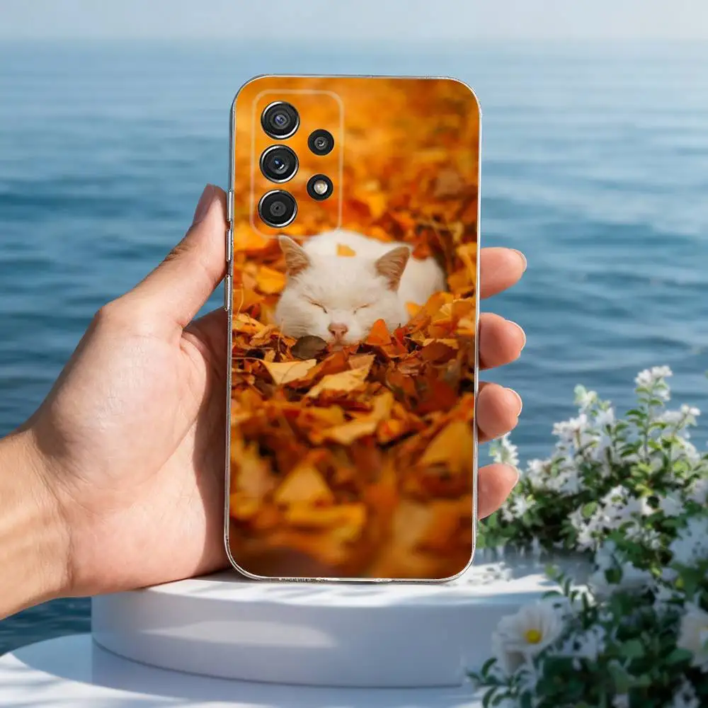 كسول القط في الخريف يترك الهاتف لسامسونج A30,71,51,S20,10,9,Ultra,FE,Lite, S21,23,22,PIus,شفاف,حافظة سيليكون