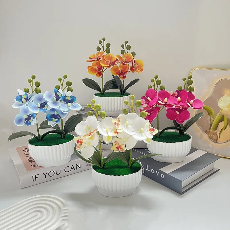 Zwei Sets mit drei künstlichen Blumen, Schmetterlingsorchideen, Topfpflanzen, Heimdekoration, Wohnzimmerdekoration, Valentinstagsgeschenk