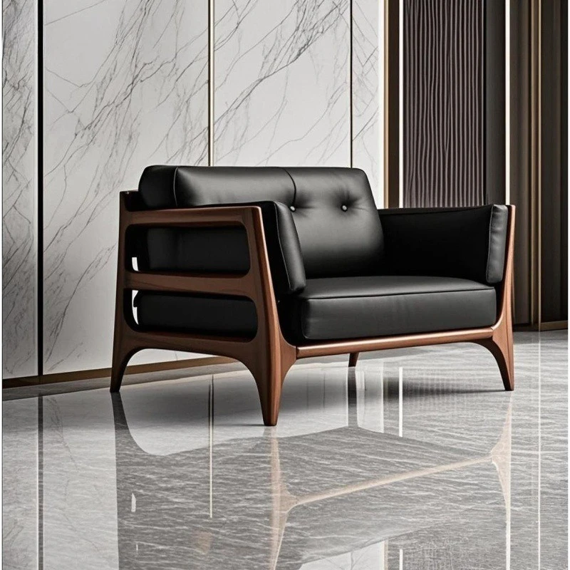 North American black walnut all solid wood leather Italian minimalist sofa leisure chair modern light luxury high-end single cha