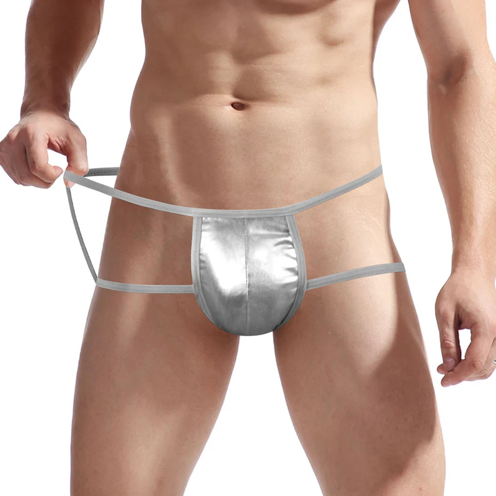 

New Mens Sexy Faux Leather Thong Panties Big Scrotum Pouch Bikini Briefs Double Ropes Underpants Underwear Erotic Lingerie