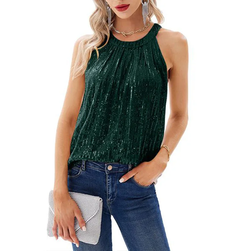 Elegant  Women's Sequined Loose Top Fashion Hanging Neck Sexy Bare Shoulders Solid Color Shirt Summer Lady Foreign Style Blouses