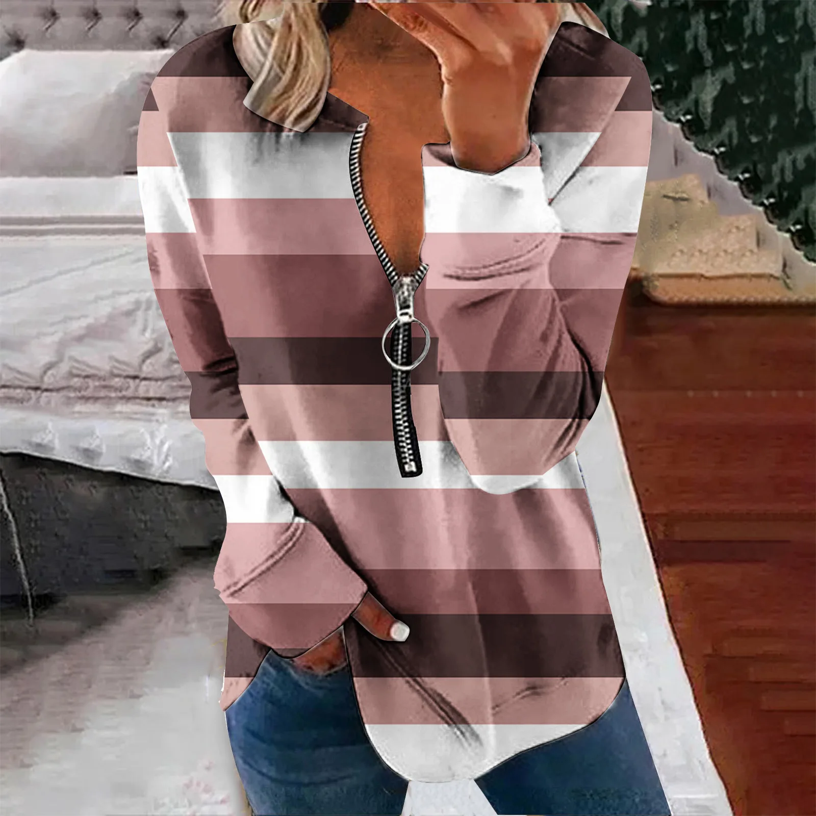 Women's Pullover Sweatshirt Ribbed Zipper Multicolor Printed Half Open Collar Fashion Casual Sweater Outdoor Daily Autumn Tops