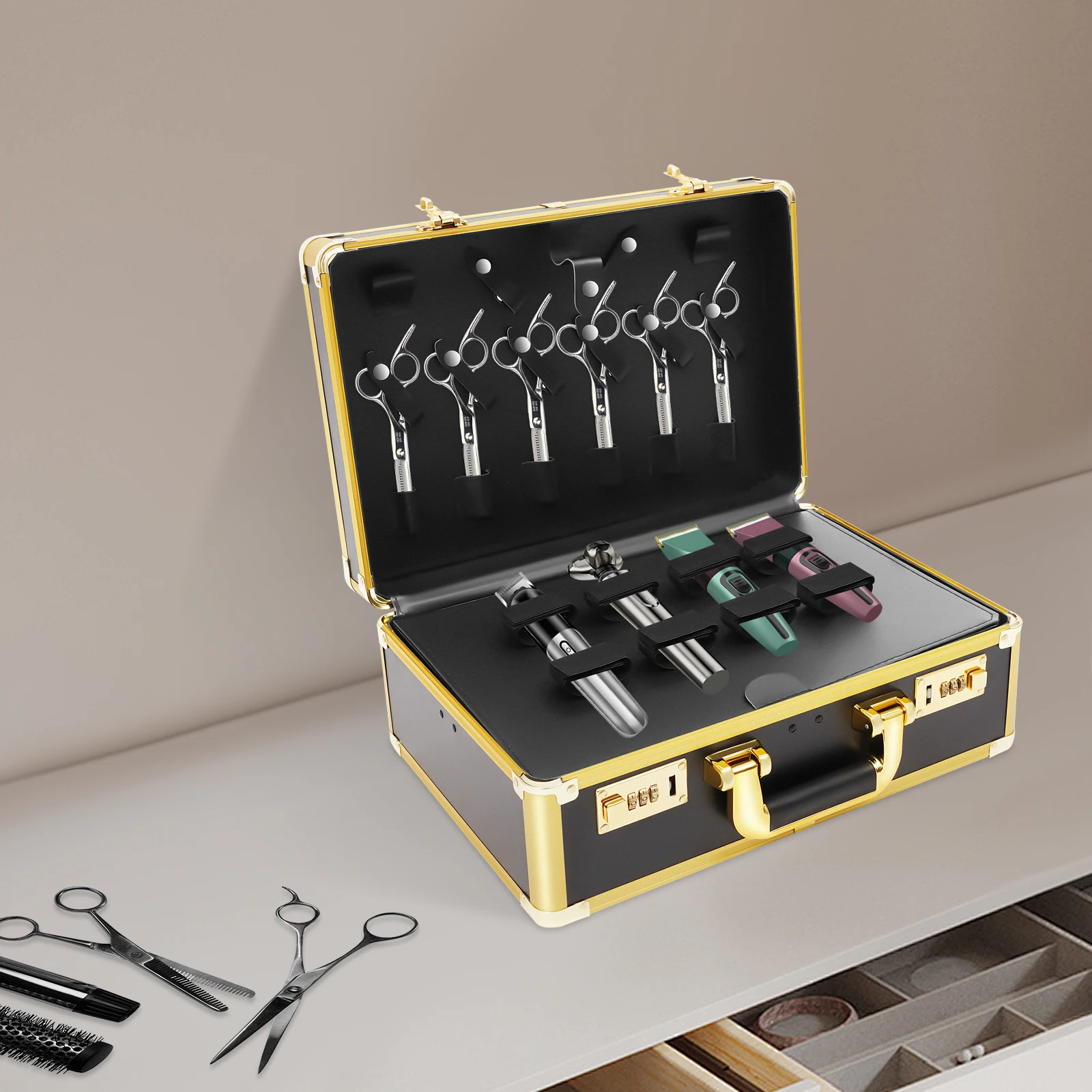 

Modern Rectangular Hair Stylist Case with Shoulder Strap Portable Mobile Barber Station Large Makeup Case for Storage