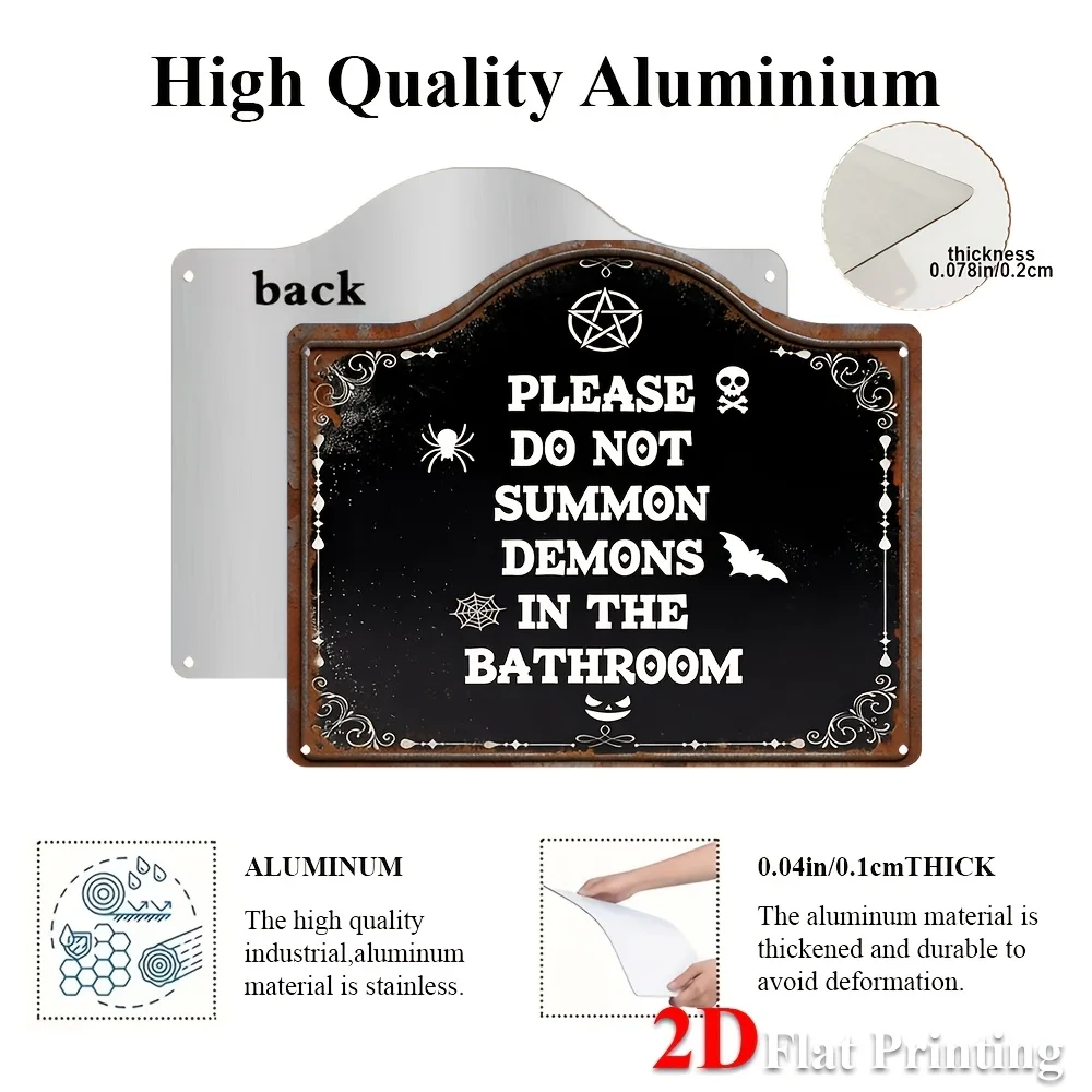 1pc, 2D Flat, Signs Metal Sheet Painting Metal Artwork Featuring Gothic Warning: 'Please Do Not Summon Demons In The Bathroom'