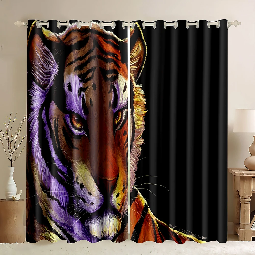 Animal Window Curtains,Wildlife Tiger Cartoon Image Black Background,Tiger Illustrations Colorful Wild Animal Blackout Curtains