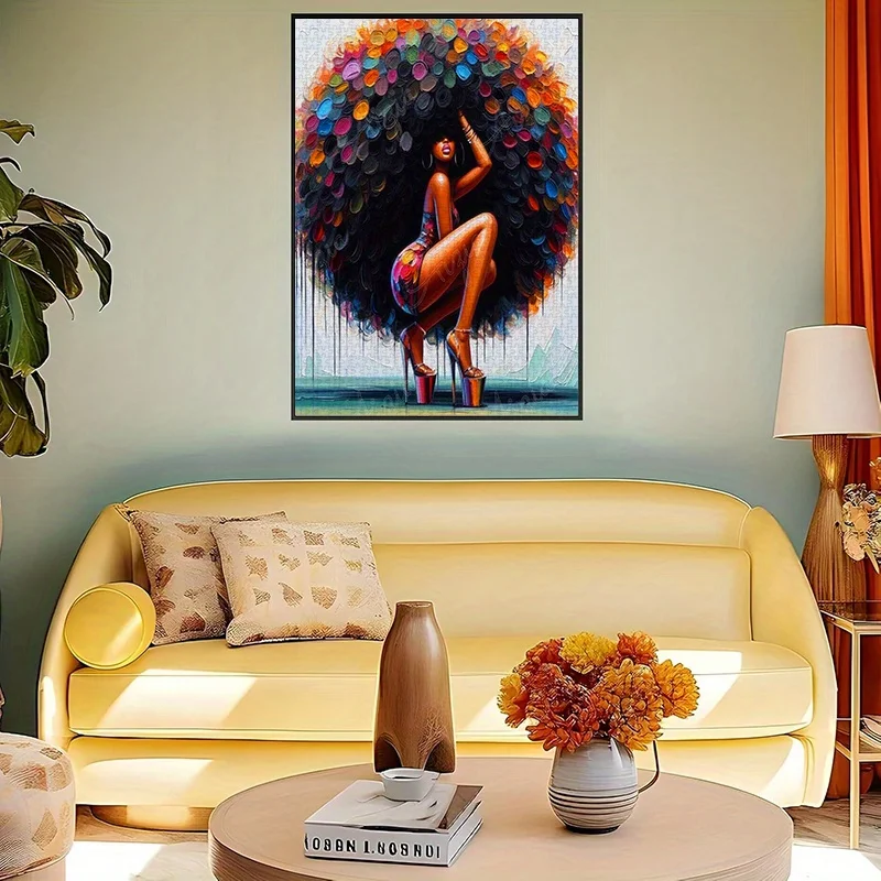 1000ピースのアフリカ系アメリカ人女性パズル、ふわふわの巻き毛とハイヒールをあしらった鮮やかな抽象画、高品質の厚紙素材