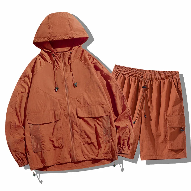 

Ice Silk Sun Protection Clothing Sets Summer New Fashion Men's Solid Color Casual Hooded Long Sleeve Top Knee Length Shorts Male