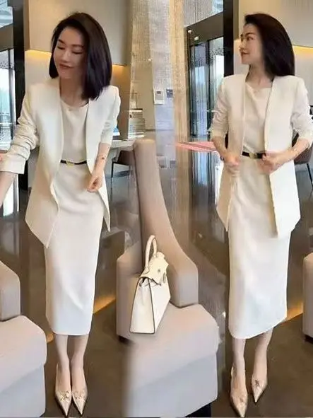 

Fashionable OL Two-Piece Set Korean Style Button up High Waist Long Sleeve Suit Dress Coat Casual Spring Summer Polyester