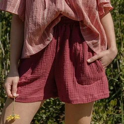 Casual Newly 100% Cotton Gauze Muslin Women'S Summer Shorts Elastic High Waist Wide Leg Sport Beach Shorts With Pockets Bottom