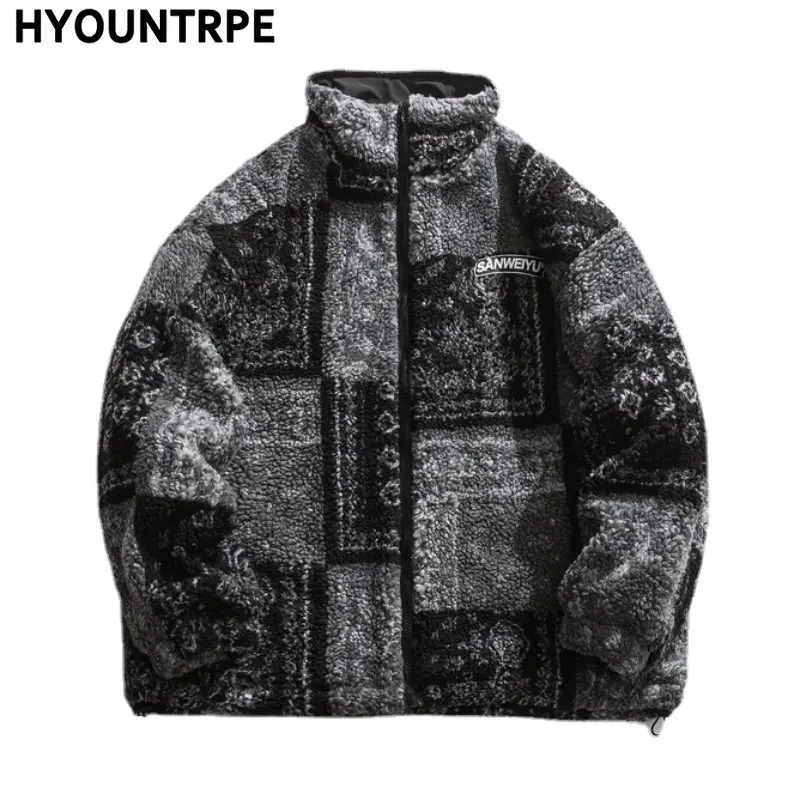 

Men Paisley Fleece Jackets Coats Fashion Hairy Zipper Loose Hoodies Bomber Outerwears Casual Warm Parkas Thick Streetwear Jacket