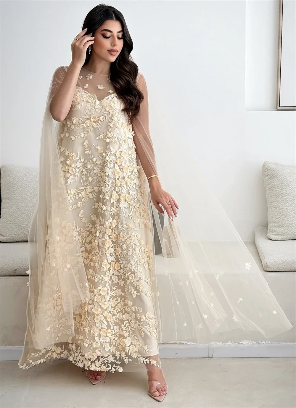 Vestido formal personalizado da arábia saudita, vestido de noite com alças transparentes, linha a, comprimento do tornozelo, saias de tule sob medida, vestidos de baile