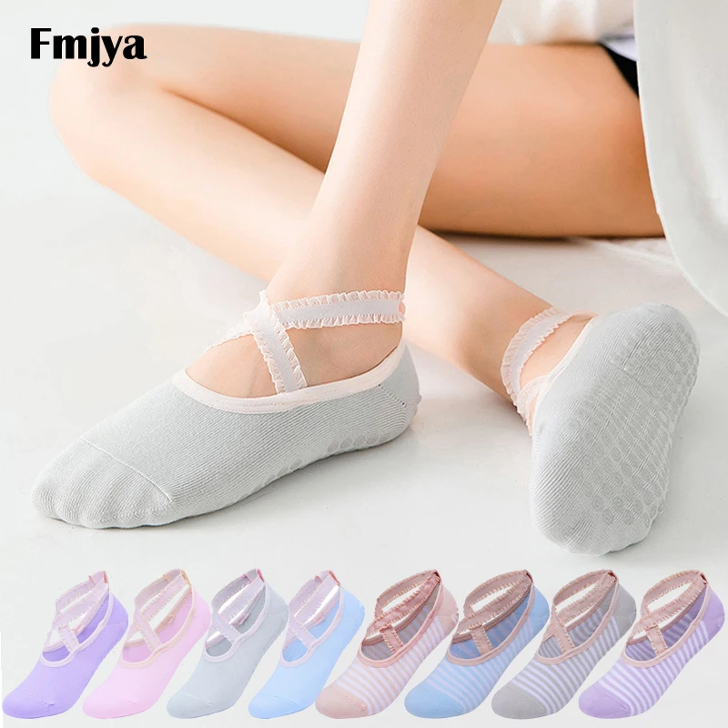 Women Lace Bandage Yoga Socks Silicone Anti-Slip Grips Round Head Fitness Backless Breathable Cotton Pilates Ballet Dance Socks