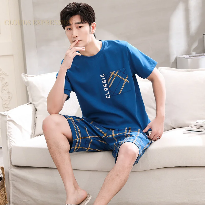 Summer New Cartoon Mens Pajamas Casual Short Tops Lattice Short Pants Sets Pyjamas Stripe Men Sleepwear Pijamas Homewear Fashion