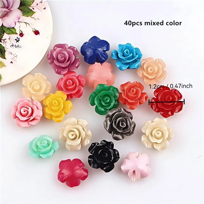 40 Uds. De cuentas espaciadoras de flores de Camelia de Coral sintético de colores mezclados de 12mm, Material artesanal Diy para fabricación de joyas, cuentas al por mayor